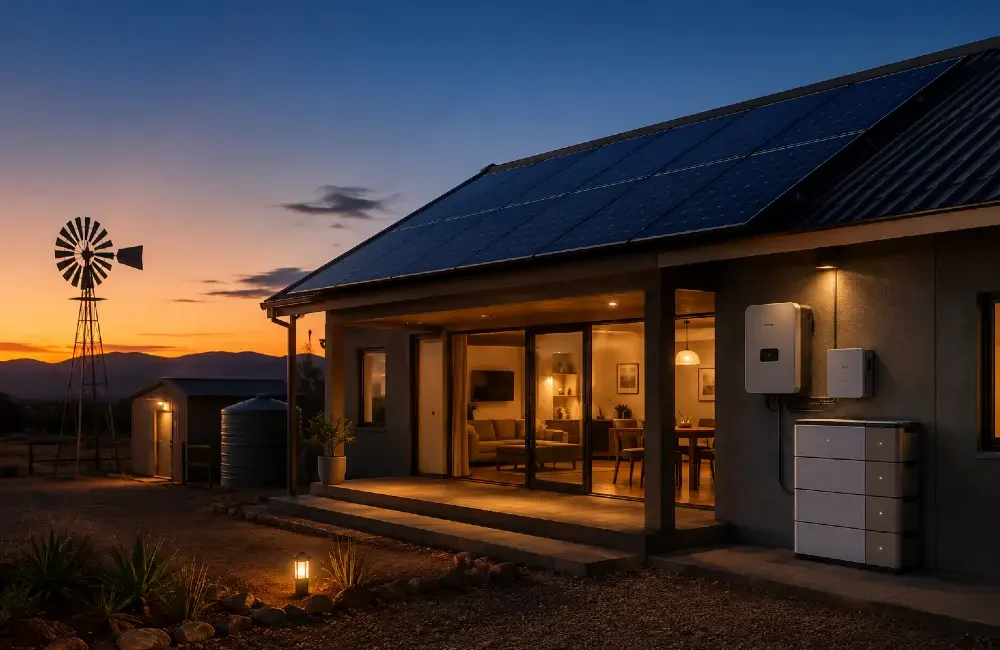 Solar-powered home in Namibia with battery backup system operating during evening hours