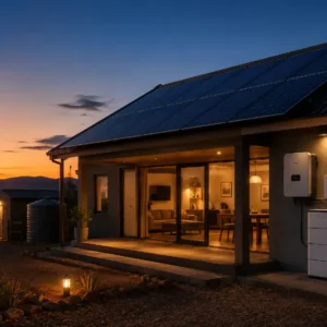 Solar-powered home in Namibia with battery backup system operating during evening hours