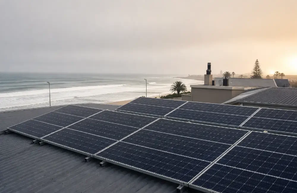 Rooftop solar installation near the Namibian coast with ocean air and coastal conditions in the background