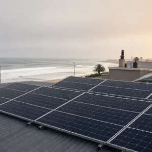 Rooftop solar installation near the Namibian coast with ocean air and coastal conditions in the background