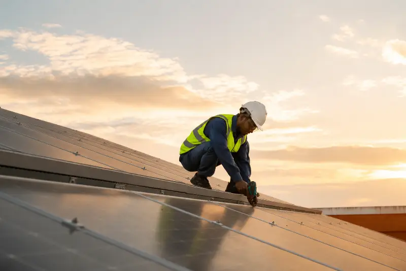 Solar technician performing maintenance on rooftop solar panels at sunset