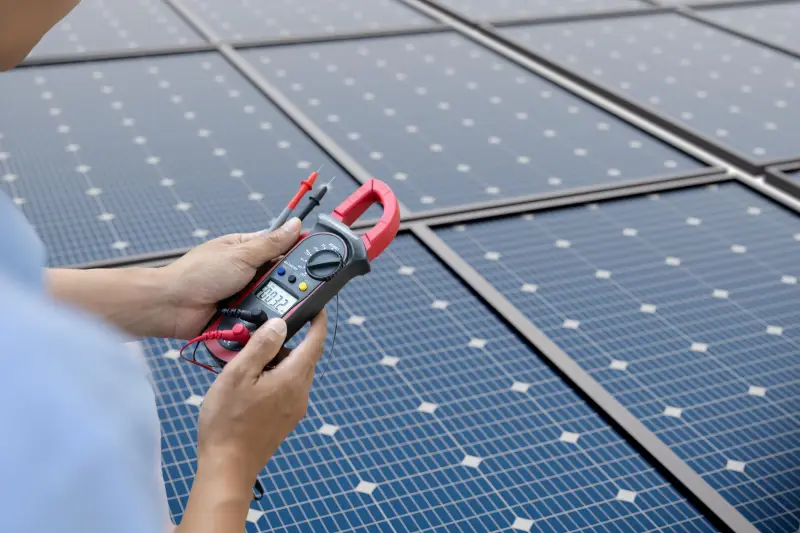 Namibian solar technician testing solar panel performance at a solar farm