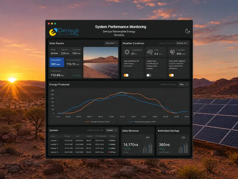 Solar monitoring dashboard by Densys Renewable Energy displayed over a Namibian solar farm landscape at sunset