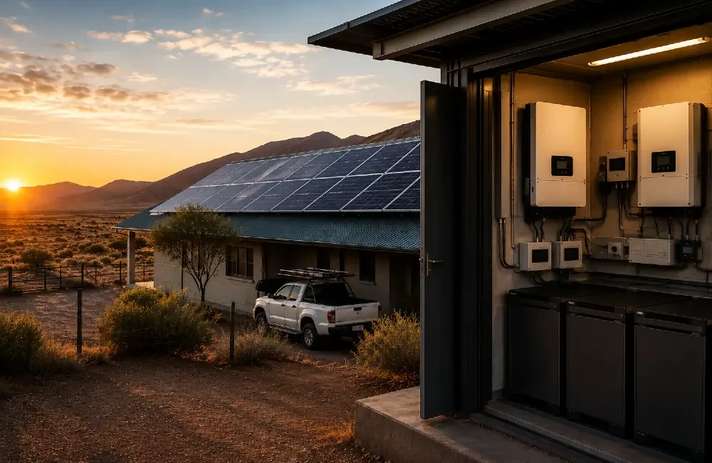 Hybrid and off-grid solar installation at a remote Namibian property with solar panels, battery storage and backup power equipment