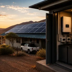 Hybrid and off-grid solar installation at a remote Namibian property with solar panels, battery storage and backup power equipment