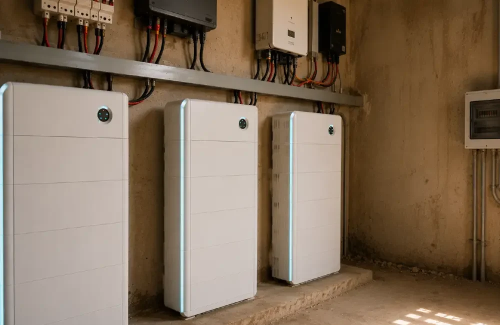 Lithium solar battery storage units installed inside a dusty commercial inverter room with electrical equipment and natural ventilation