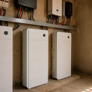 Lithium solar battery storage units installed inside a dusty commercial inverter room with electrical equipment and natural ventilation