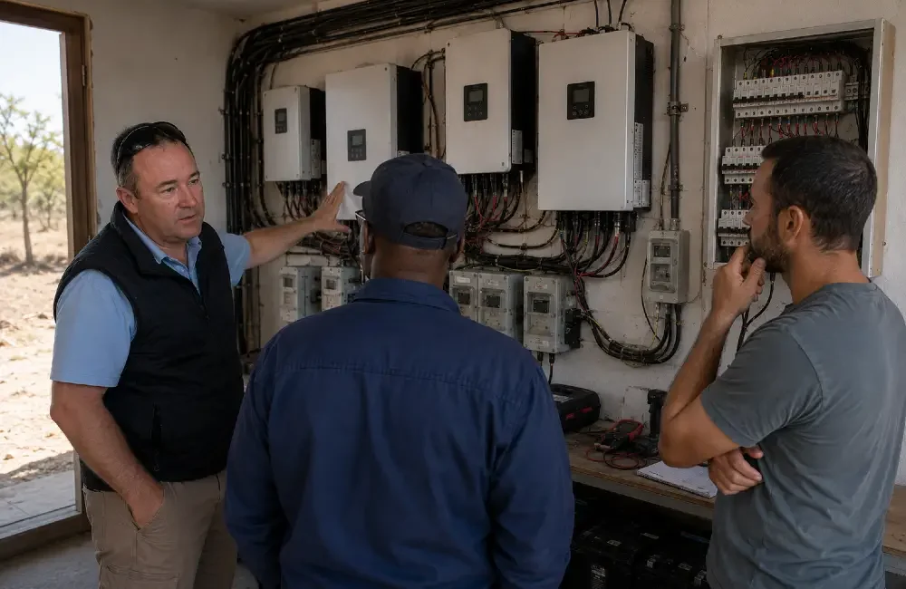 Technicians inspecting a poorly organised solar inverter and electrical installation at a property in Namibia