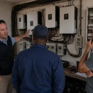 Technicians inspecting a poorly organised solar inverter and electrical installation at a property in Namibia