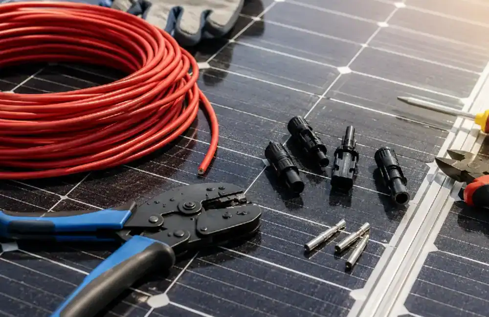 Solar installation tools, MC4 connectors, and DC cabling arranged on a photovoltaic solar panel during system installation work