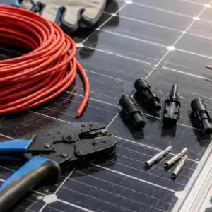 Solar installation tools, MC4 connectors, and DC cabling arranged on a photovoltaic solar panel during system installation work