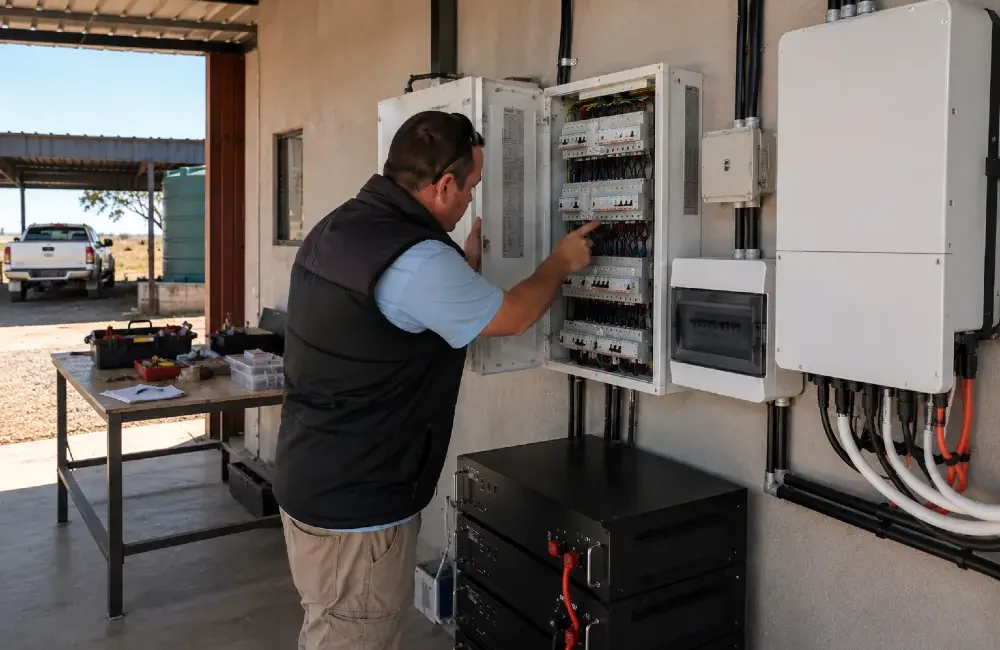 Technician inspecting electrical distribution board and solar equipment at a farm property in Namibia