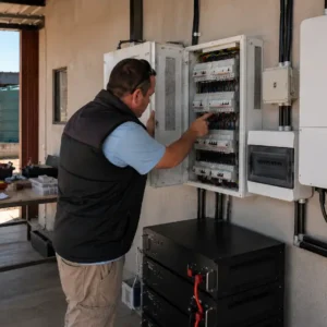 Technician inspecting electrical distribution board and solar equipment at a farm property in Namibia