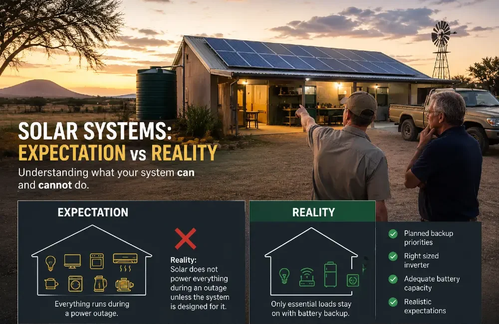 Farm owners discussing a solar installation in Namibia with infographic showing backup power expectations during outages
