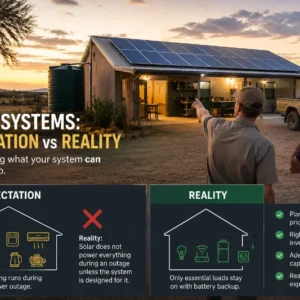 Farm owners discussing a solar installation in Namibia with infographic showing backup power expectations during outages