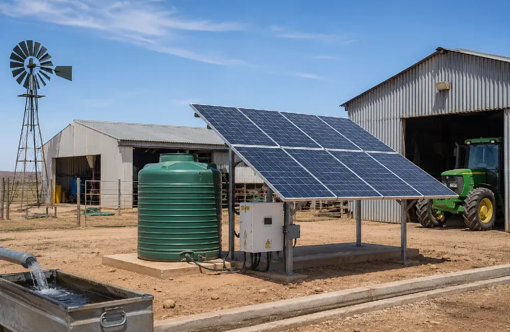 Solar-powered water pumping and farm energy system at an agricultural property in Namibia