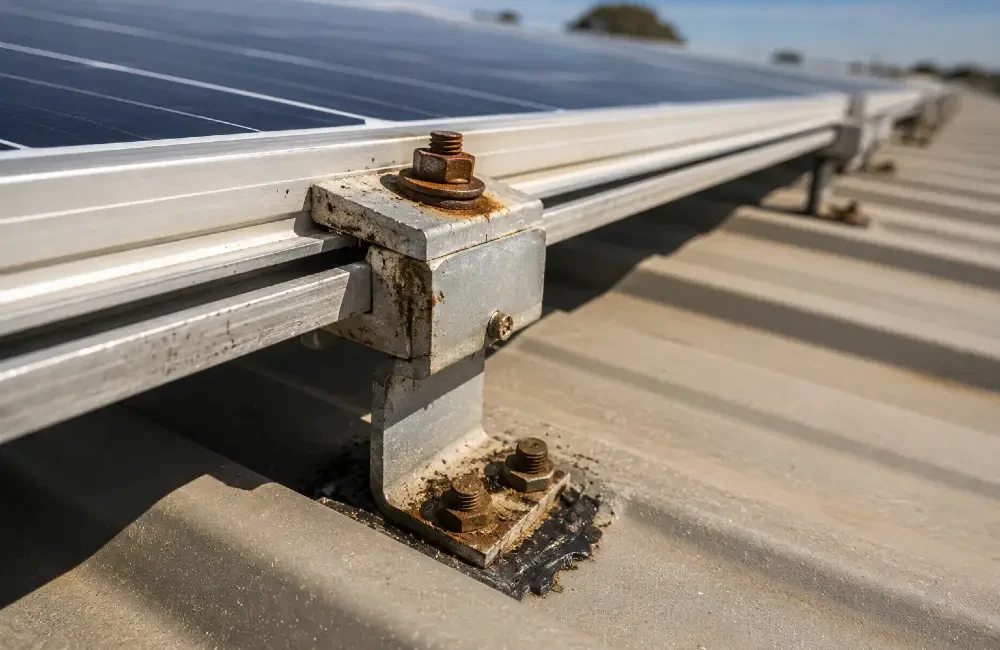 Close-up of a weathered and corroded solar panel mounting bracket exposed to harsh outdoor conditions on a rooftop solar installation