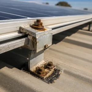 Close-up of a weathered and corroded solar panel mounting bracket exposed to harsh outdoor conditions on a rooftop solar installation