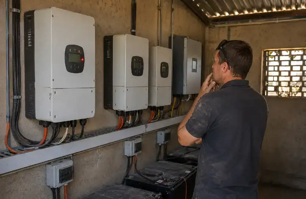 Technician inspecting multiple solar inverters inside a dusty commercial inverter room in Namibia with visible electrical wiring and battery systems