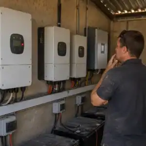 Technician inspecting multiple solar inverters inside a dusty commercial inverter room in Namibia with visible electrical wiring and battery systems