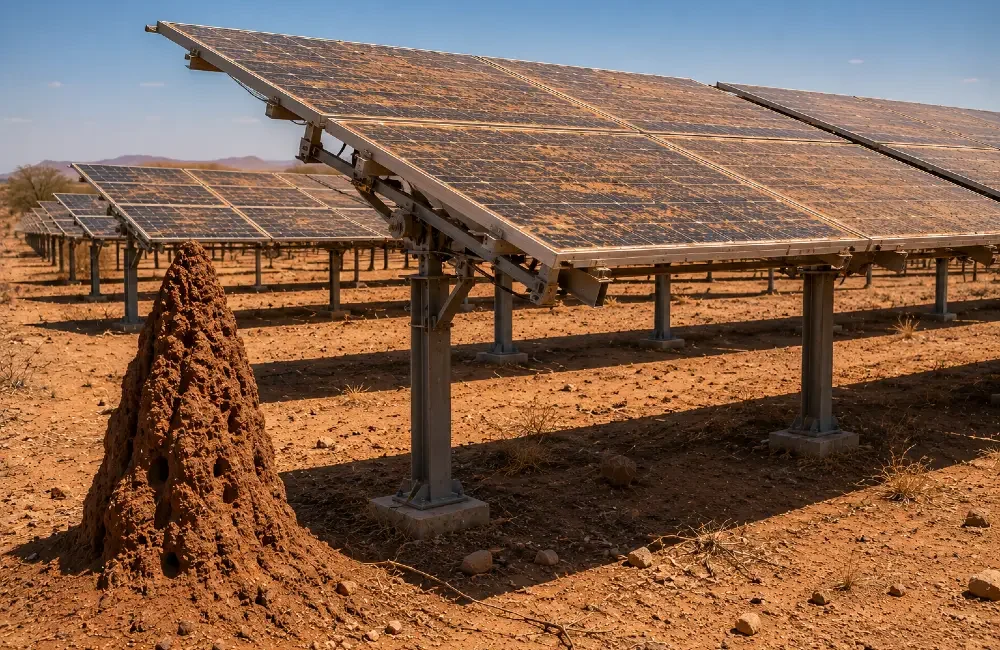 Dust-covered solar tracking panels operating in an arid Namibian landscape beside a large termite mound