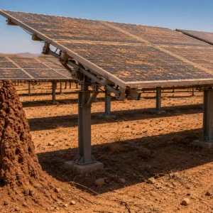 Dust-covered solar tracking panels operating in an arid Namibian landscape beside a large termite mound